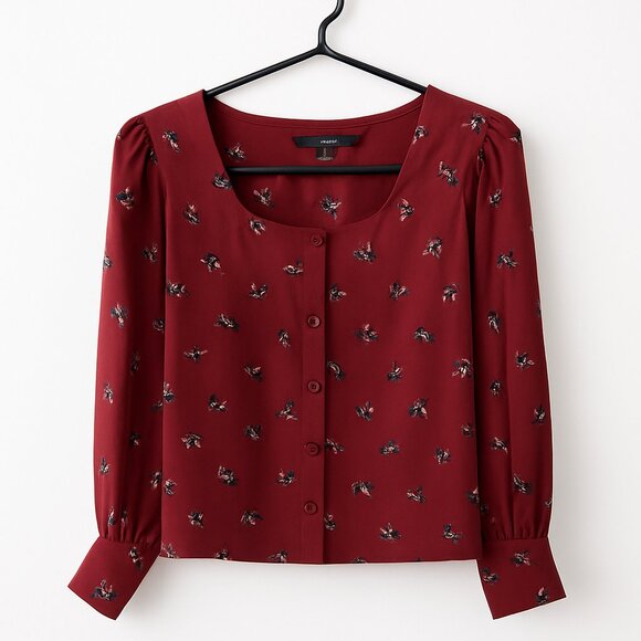 Red Floral Button-Front Blouse - Square Neck, Long Sleeves - Picture 1 of 2